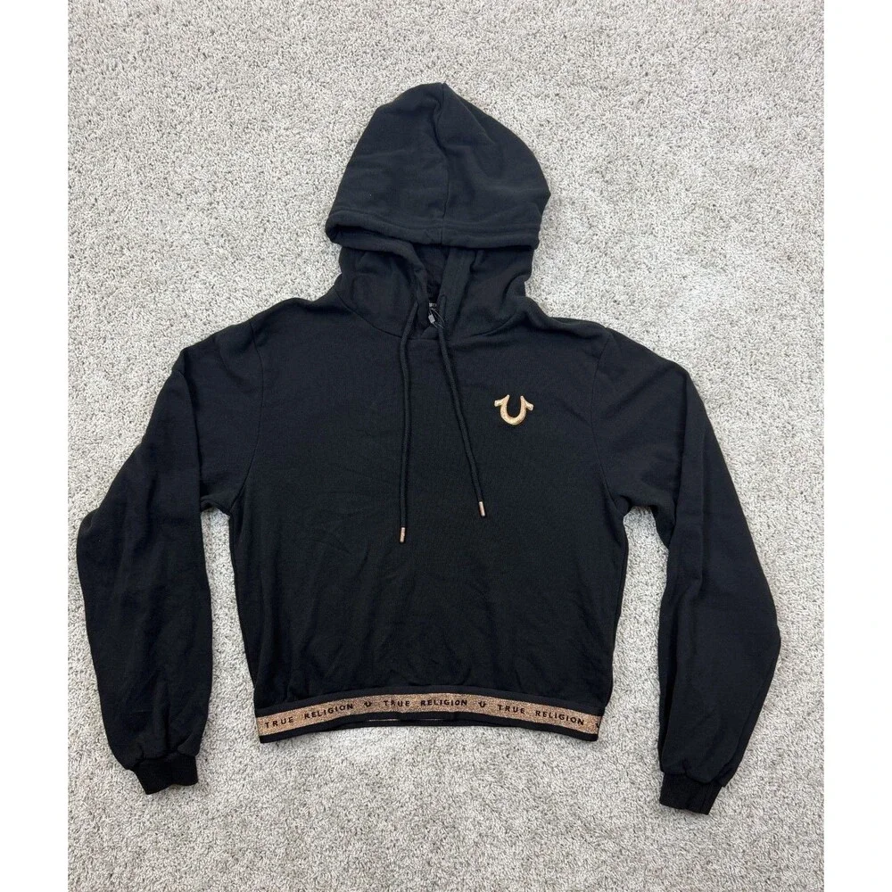 True Religion Men's Branded Pullover Hoodie L Black Rose Gold Logo NWT $119